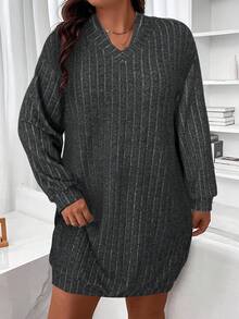 SHEIN LUNE Đầm nỉ dài đến đầu gối, cổ chữ V, tay dài, viền cổ tay và gấu áo mềm mại, cỡ lớn, thanh lịch cho các buổi đi chơi, tụ tập và mặc ở nhà thoải mái - Màu xám đen - Xem 5