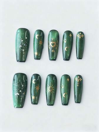 Kawaii 10 pezzi di elementi a forma di occhio di gatto, stella e luna in stile bohémien fatti a mano + 3 pezzi di nastro biadesivo per unghie, set di unghie finte a forma di occhio di gatto di tipo a bara lunga in colori verde e nero, manicure di alta qualità con colori contrastanti dipinti a mano, pezzi per unghie riutilizzabili adatti per uso quotidiano, feste e balli.