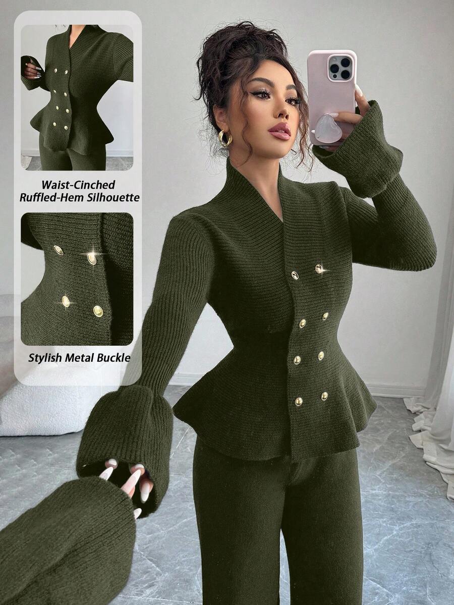 Elenzga Bộ 2 món: Áo khoác cardigan cổ đứng tay loe thắt eo thanh lịch dành cho người đi làm thường ngày màu xanh lam & áo len dệt kim ống đứng, Thu/Đông - màu xanh lá - Xem 1