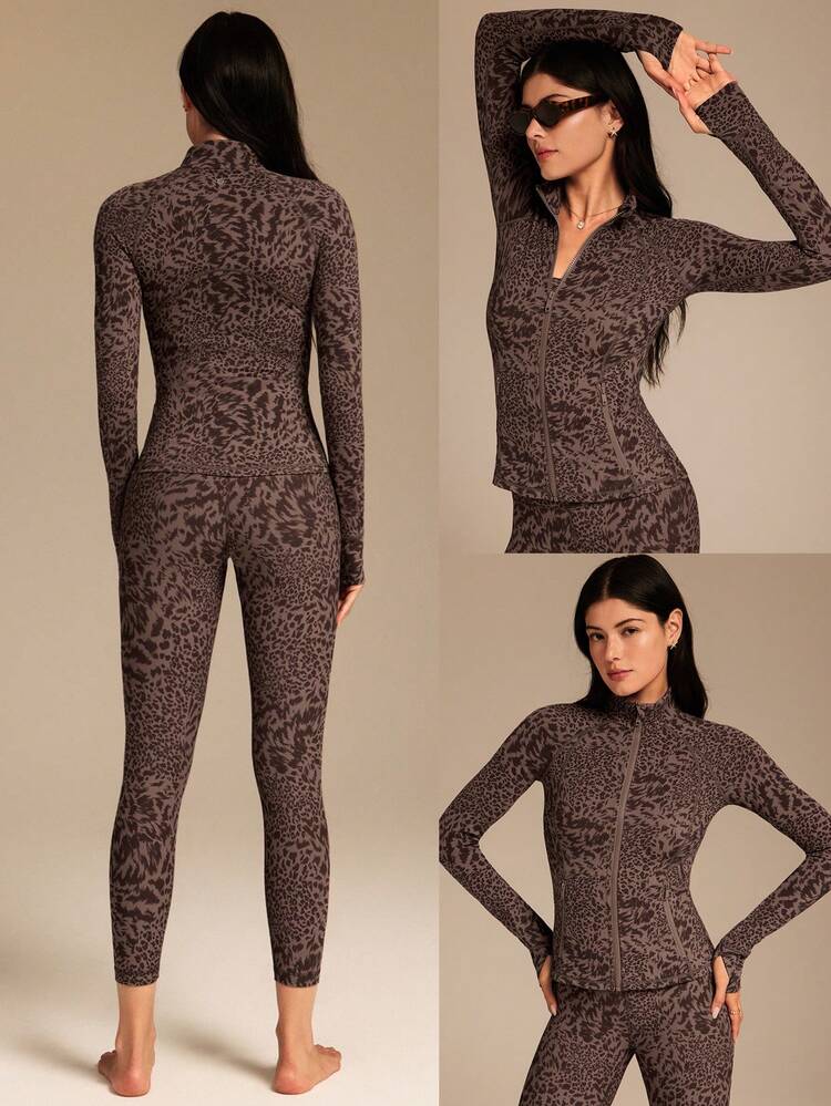 FeatherFit™ Leopard Slim-It Streamline Performance Secure Pockets Zip Up Long Sleeve Jacket Low Impact Yoga Pilates Daily Spring Summer