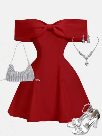 Girlism Vestido mini rojo de fiesta con hombros descubiertos y lazo para adolescentes, vestido rojo con hombros descubiertos, vestido con lazo en los hombros, vestido rojo con lazo