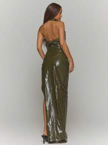 MUSERA 高领仿皮露背侧开衩修身长款连衣裙，秋季街头风，清凉夜装，日常性感派对春夏优雅连衣裙 - 綠色 - 查看 3