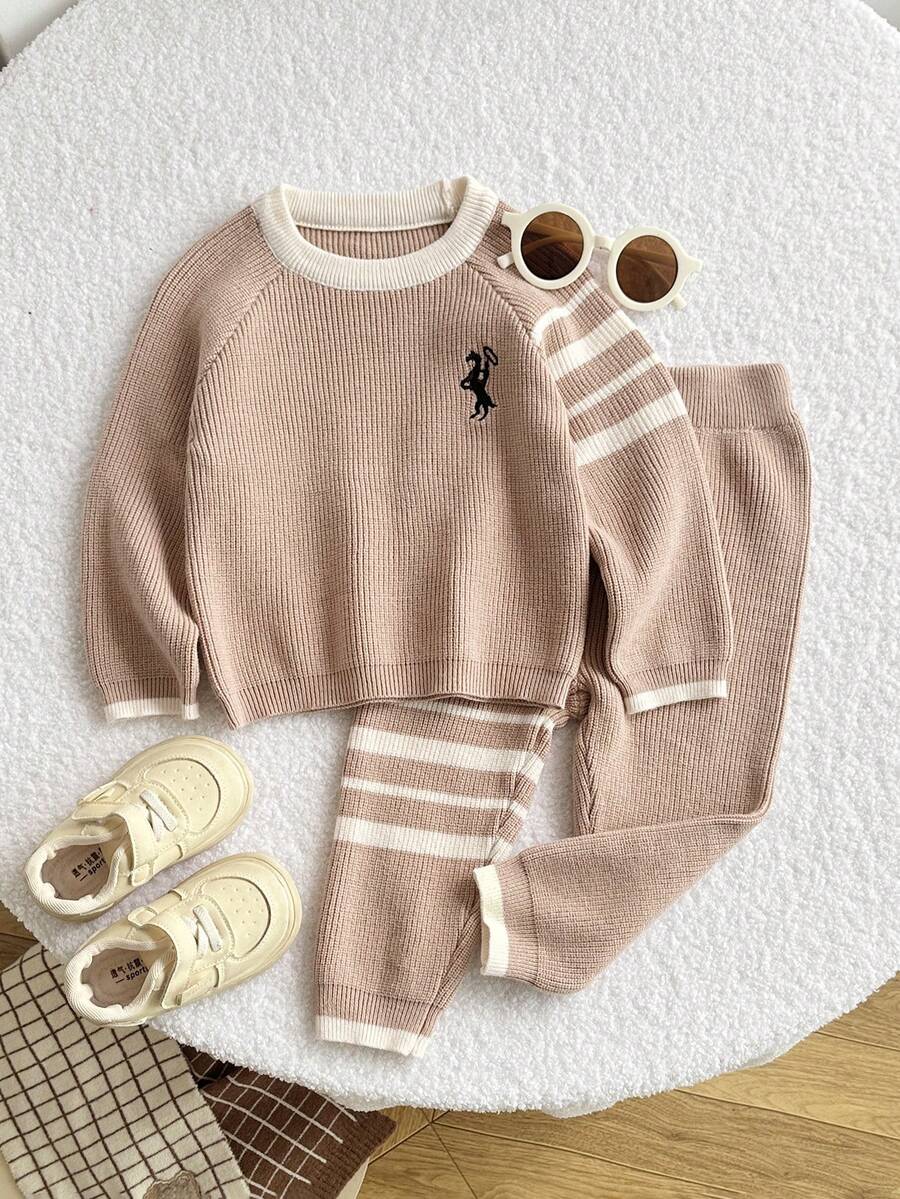 Souflis Souflis Set Kasual Bayi Laki-laki Motif Ksatria dengan Sweater Lengan Raglan Bergaris dan Celana Rajut, Musim Gugur/Dingin - Khaki - View 1