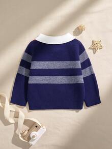 SHEIN Áo len dệt kim kẻ caro thời trang thường ngày cho bé trai, tay dài, mùa thu/đông - Xanh đậm - Xem 2