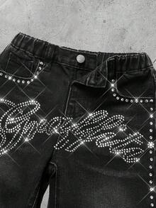 Quần jean denim đen dáng rộng đính đá phong cách đường phố cổ điển Young Boy Bolty, Thu Đông, Thường ngày và đa năng Thu/Đông, Trang phục thường ngày và đường phố, Halloween và Giáng Sinh, Năm mới, Lễ Tạ ơn cho Quần jean mùa đông, Mùa đông, Quần jean đường phố, Thêu, Quần jean đính đá - màu đen - Xem 3