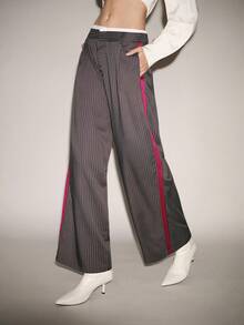 Lumivelle 条纹印花口袋褶裥休闲女裤 - 灰色 - 查看 5