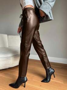 SHEIN Women's Solid Color Drawstring Waist Casual Pants - Chocolate Brown - View 2
