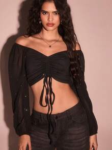 Glamine 闪光印花华丽领口抽绳灯笼袖短款上衣