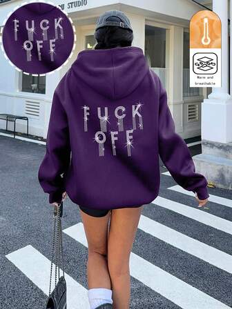 Hanevo Tropiluxe Women's Casual Everyday Rhinestone Letter Graphic Loose Hoodie Sweatshirt, Autumn Thermal