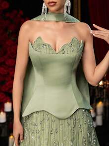 Glamrae Đầm dạ hội trang trọng 2 trong 1 bằng vải satin thêu sequin thanh lịch kèm khăn quàng cổ màu xanh lá cây dành cho nữ (có đính đá) - Xám Xanh - Xem 3