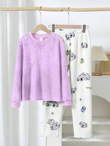 Girls' Purple Fluffy Crew Neck Long Sleeve Top Paired With Cute Koala Print White Fleece Pants, Reversible Flannel Soft & Warm 2 Pieces Pajama Set - Mauve Purple - View 6