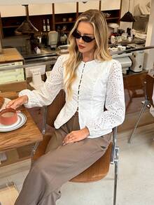 Serisse Women's Casual Vacation Style Solid Color Schiffy Faux Pearl Fitted Blouse, Spring/Autumn,Fall/Winter French-Style New Arrival: Lace-Embroidered White Round-Neck Shirt-A Fashion Essential For Everyday Wear. This Waist-Cinching, Figure-Flattering Shirt Perfectly Complements Casual Outings And Afternoon Tea Dates, Making It A Timeless Staple In Any Fashion-Forward Woman's Wardrobe., White Top,White Shirt,White Blouse;Stylish Women's Blouses,Elegant Blouses For Women; - White - View 6