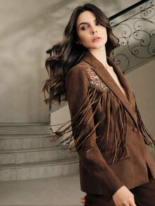 Anewsta 纯色麂皮绒拼接激光切割流苏图腾刺绣翻领H型长袖西装外套 - 咖啡棕 - 查看 1