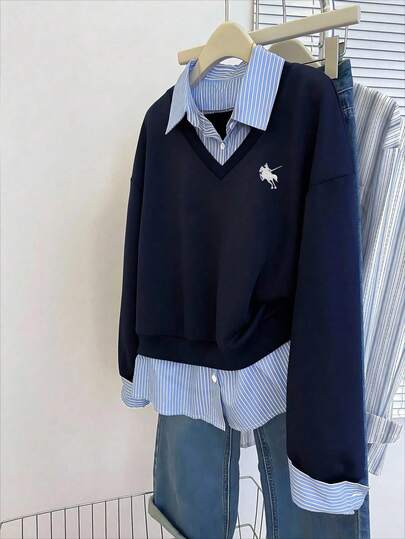 INAWLY 秋季大码休闲拼布条纹套头衫