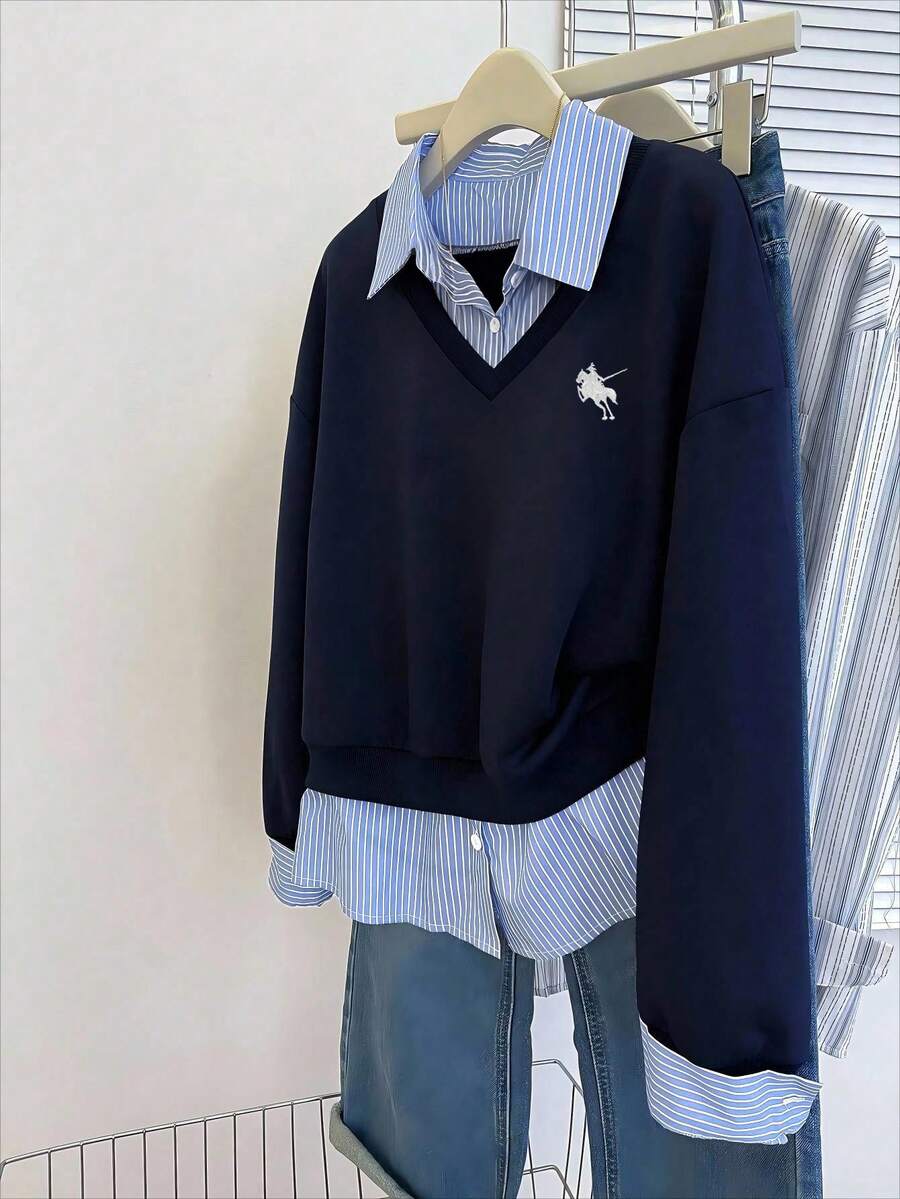 INAWLY Plus Size Casual Patchwork Striped Pullover Sweatshirt, Autumn - Navy Blue - View 1