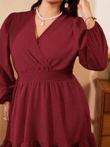 SHEIN Clasi Plus Size Solid Color Cross Shirred Puff Sleeve Ruffle Hem Cinched Waist A-Line Dress - Red - View 6