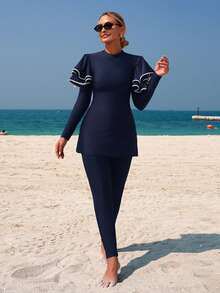 Swim Mulvari Women's Bikini 2-Piece Set, Navy Blue Long Sleeve Round Neck Double Ruffle Trim Slim Fit Jumpsuit Top And Solid Color Pants, Arabic Style Beach Swimwear, Christmas Outfits, New Year Outfits - Navy Blue - View 3
