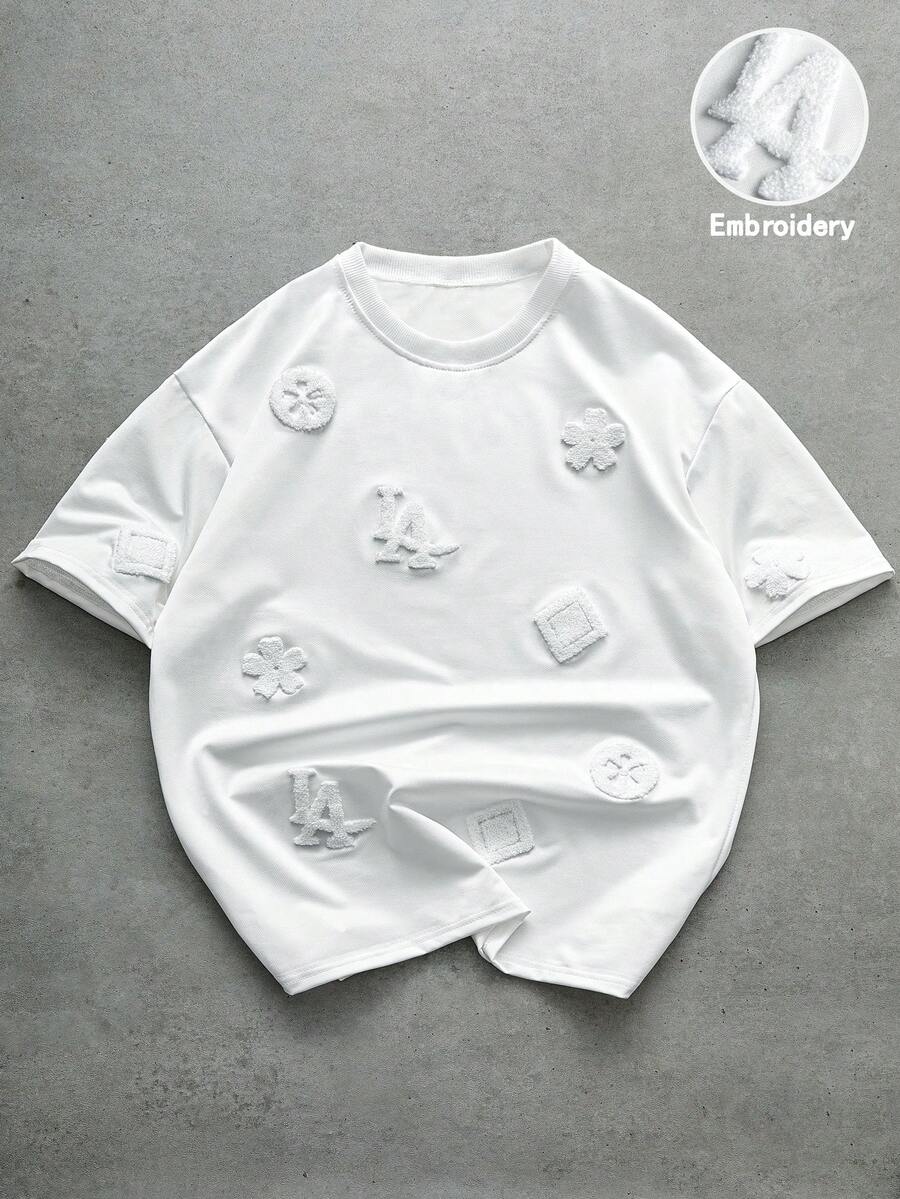 PAVTROS 男士街头风畅销复古花卉刺绣图案T恤，适合户外音乐节、休闲外出、送给男友/丈夫的礼物、周年纪念礼物，白色 - 白色 - 查看 1