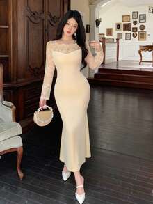 DAZY Vestido de media longitud con forro térmico, encaje y parches, estilo de cola de pez para mujer en otoño - Beis - Ver 8