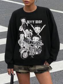 Betty Boop x SHEIN 女士字母卡通图案圆领长袖T恤 - 黑色 - 查看 3