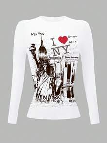 Rovax 女士修身长袖T恤，印有自由女神像图案 - 彩色 - 查看 4