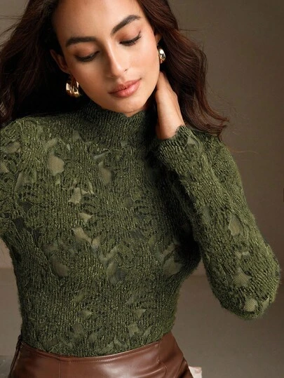 Anewsta 1 pieza Camiseta de mujer elegante de unicolor de manga larga con diseño calado y elástica