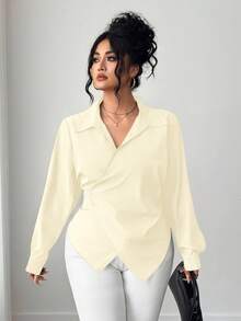 Elenzga Áo cánh tay dài thanh lịch viền bất đối xứng màu trơn cỡ lớn dành cho nữ - Màu be - Xem 5