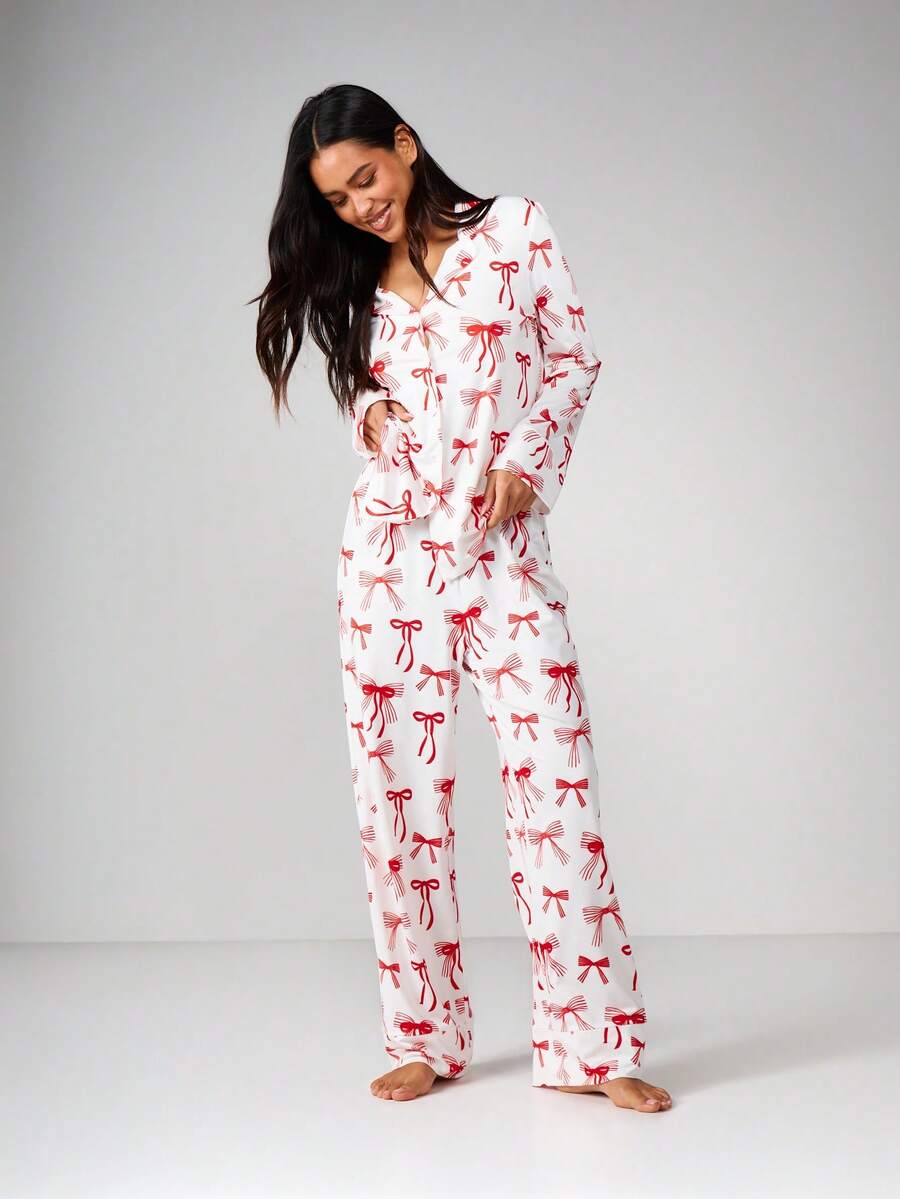 MISSGUIDED Bộ đồ ngủ in nơ tay dài cài nút phía trước cho nữ Bộ đồ ngủ thoải mái cho ngày lễ Giáng sinh - Đỏ - Xem 1