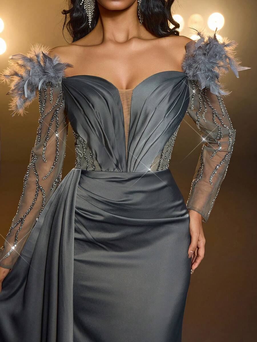 Glamrae Váy maxi đuôi cá dài tay bằng vải satin co giãn, đính cườm và sequin sang trọng, xẻ tà bên hông, thích hợp cho đám cưới, tiệc tùng, vũ hội, kỳ nghỉ, những dịp trang trọng (được tô điểm nhiều) - xanh quân đội - Xem 1
