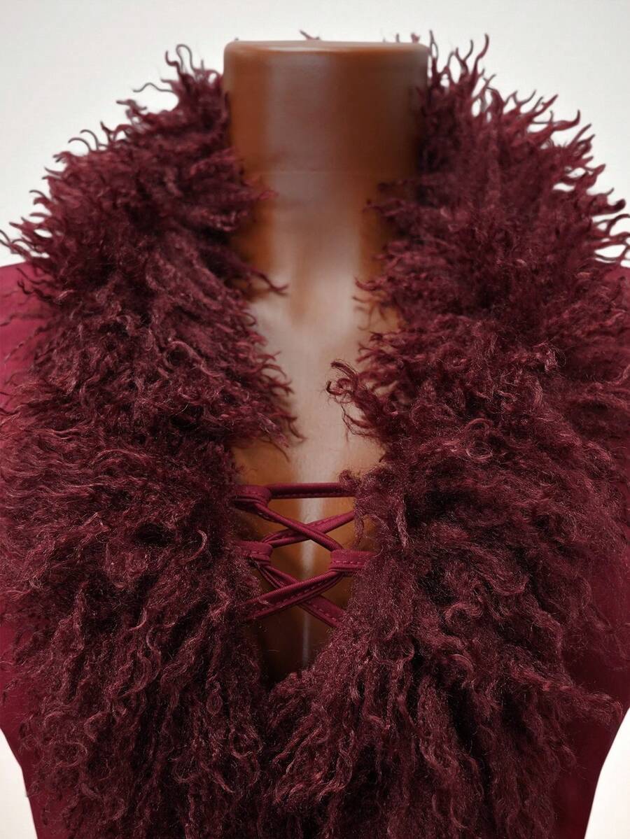 BamGleam Women's Casual Tie-Up Fitted Faux Fur Splice Long Sleeve T-Shirt - Burgundy - View 1