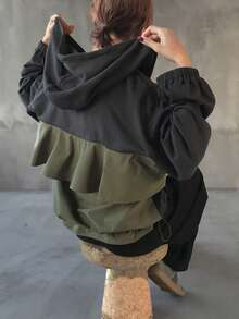 FRIFUL 女士连帽休闲外套，饰有层叠荷叶边和背部设计 - 灰色 - 查看 6