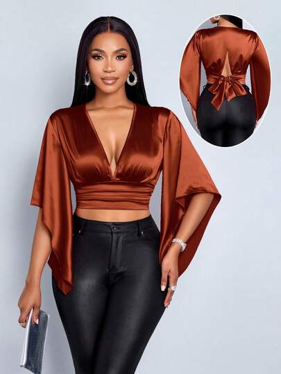 SOLERSUN Spring And Summer Women's Clothing Elegant Commuting Business Casual V-Neck Waist Gathered Glossy Satin Fabric Asymmetrical Lotus Leaf Sleeves Party Party Valentine's Day Date Vacation Red Short Shirt