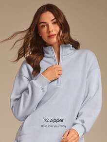 GLOWMODE 日常抓绒磨砂舒适柔软保暖酸洗宽松半拉链卫衣，秋冬户外日常休闲穿着 - 淺藍色 - 查看 3