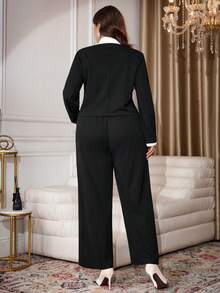 Modelyn 2pcs/Set Women's Contrast Color Bow Decor Outfit, Elegant Long Sleeve Top + Wide Leg Pants, Professional Commuter Suit - Black - View 2