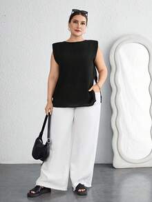 SHEIN Essnce Plus Size Shoulder Padded Split Hem Shirt - Black - View 4