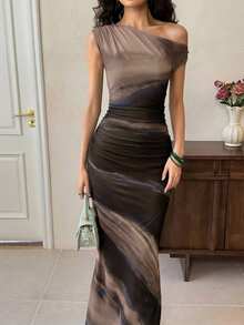 EastFlair 女士时尚通勤扎染印花不对称领连衣裙 - 彩色 - 查看 5