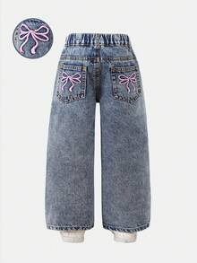 SHEIN Explorewe Young Girls Jeans, New Arrival, Medium Blue Denim, Casual Cute Style, Butterfly Embroidery + Distressed Detailing, Cute And Fashionable, Straight Leg, Comfortable Cotton Denim, Suitable For Daily Outings, School, Commute, Home, Parties, Autumn New Product - Medium Wash - View 2
