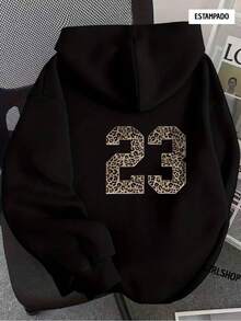Sudadera con capucha para mujer estilo deportivo número estampado animal print holgada cuello redondo manga larga otoño invierno uso diario hoodie - Negro - Ver 1