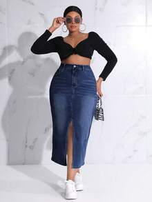 SHEIN SXY Plus Size Nút Thắt Lưng Chia Bodycon Váy Denim Có Túi, Thường Ngày & Thời Trang Để Mặc Hàng Ngày - Rửa tối - Xem 4