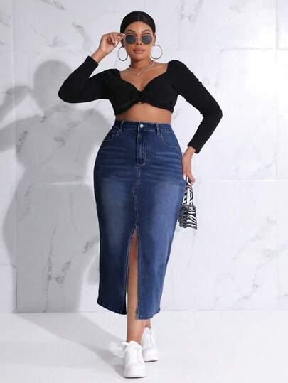 SHEIN SXY Plus Size Button Waist Band Split Bodycon Denim Skirt With Pocket, Casual & Fashionable For Daily Wear