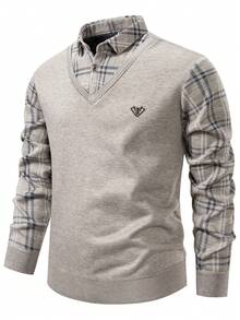 Manfinity Mode Suéter de manga larga con forro térmico y diseño de patchwork a cuadros para hombres, otoño/invierno