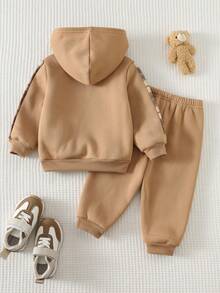 Cozy Pixies 2pcs Baby Boy Cartoon Bear Pattern Knit Soft Patchwork Brown Plaid Round Neck Long Sleeve Pullover Sweatshirt And Elastic Waist Long Pants Set - Khaki - View 2