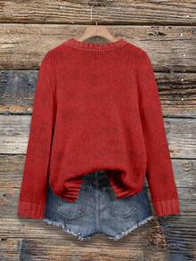 EMERY ROSE Women's Casual Red Knit Pullover Sweater, Suitable For Autumn/Winter, Suitable For Christmas, Christmas Reindeer Print - Multicolor - View 2