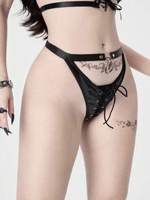 ROMWE Grunge Punk Women's Dark Punk Street PU Eyelet Lace-Up Sexy Panties - Black - View 5