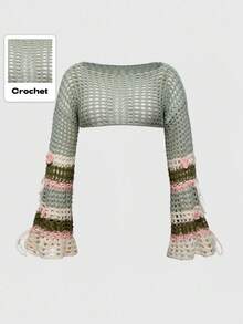 ROMWE Fairycore Fariycore 秋冬森系森系网眼针织拼布条纹碎花长袖绿色大码毛衣，亚文化仙女风大码秋冬长袖女针织衫 - 彩色 - 查看 1