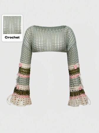 Fairycore Fariycore Pull long à manches longues vert, style Mori, en maille filet et patchwork à rayures florales, grande taille, pour l'automne/hiver. Pull en tricot grande taille style féérique pour femmes, manches longues, pour l'automne/hiver