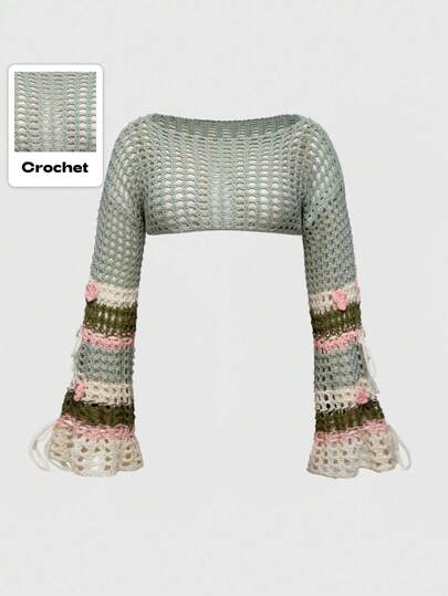 Fairycore Fariycore Autumn/Winter Mori Style Mori Kei Mesh Knit Patchwork Striped Floral Long Sleeve Green Plus Size Sweater, Subculture Fairy-Like Plus Size Autumn/Winter Long Sleeve Women Knitwear