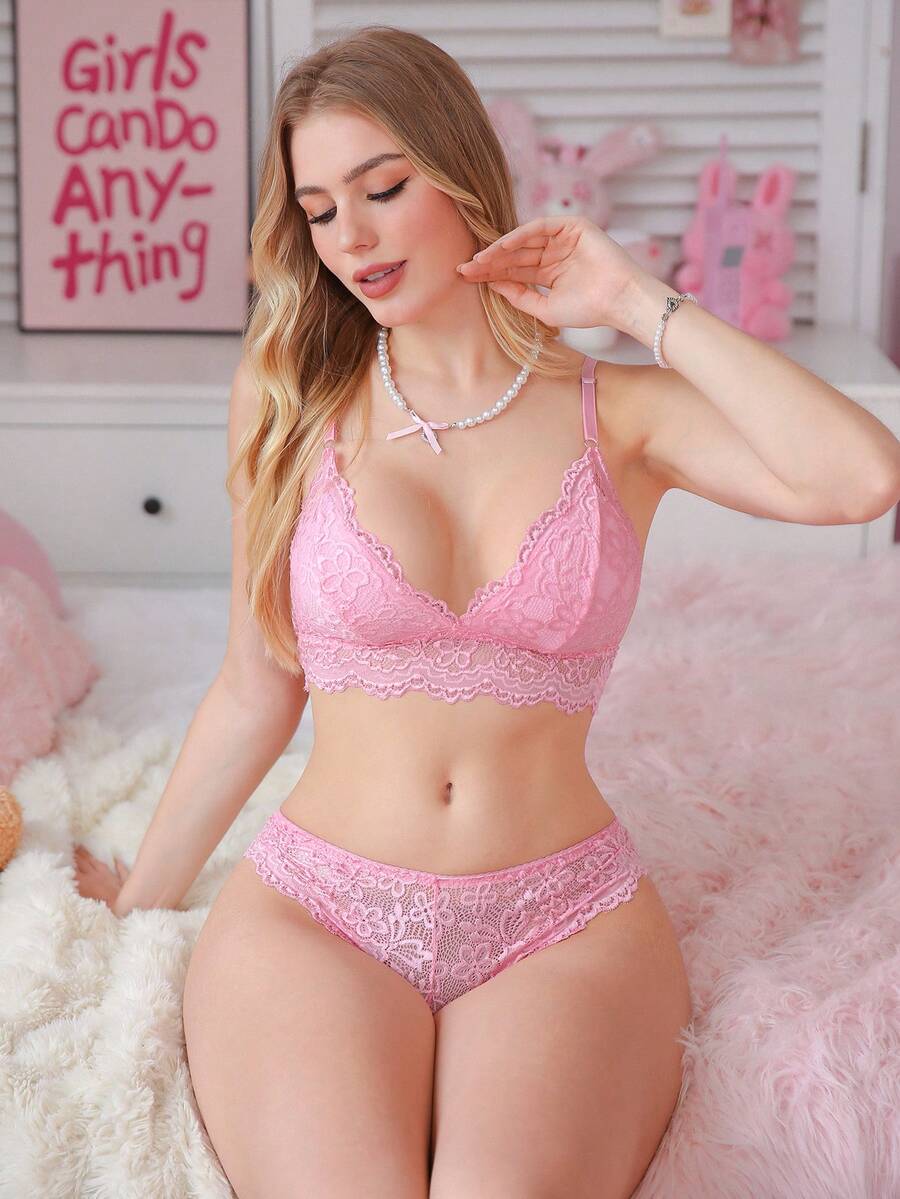PetitDoll Women's Solid Color Minimalist Everyday Lace Lingerie Set - Pink - View 1