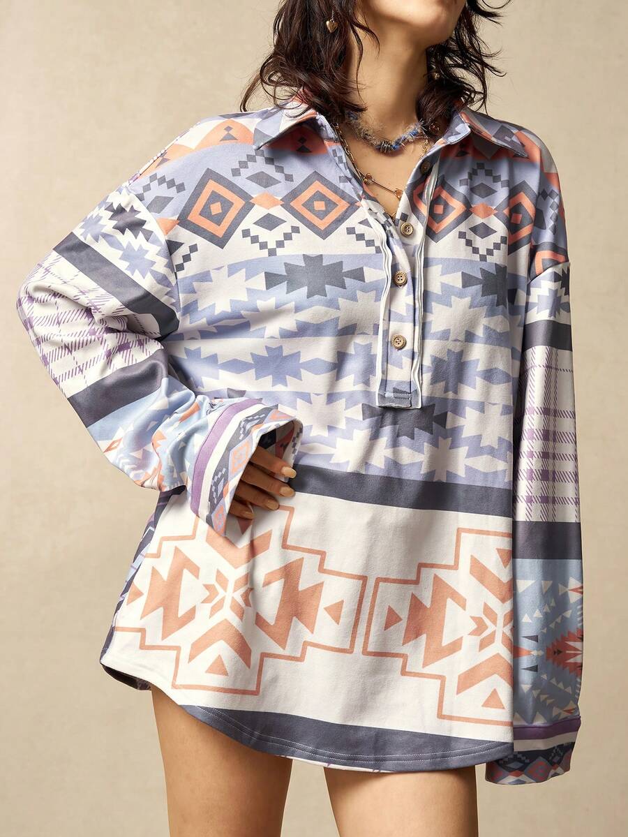 Bohemela Lässige, locker geschnittene Bluse mit Halbbündchen, Langarm und Muster-Muster für Damen - Blau - Übersicht 1