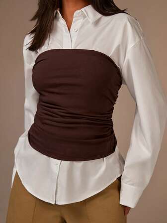 Athîral 女士纯色落肩长袖衬衫和褶皱抹胸上衣休闲两件套